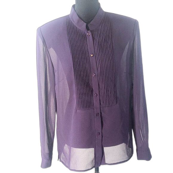 Studio 1 Purple Sheer Pintuck Button-up Round Collar Blouse Size12 - Picture 1 of 8